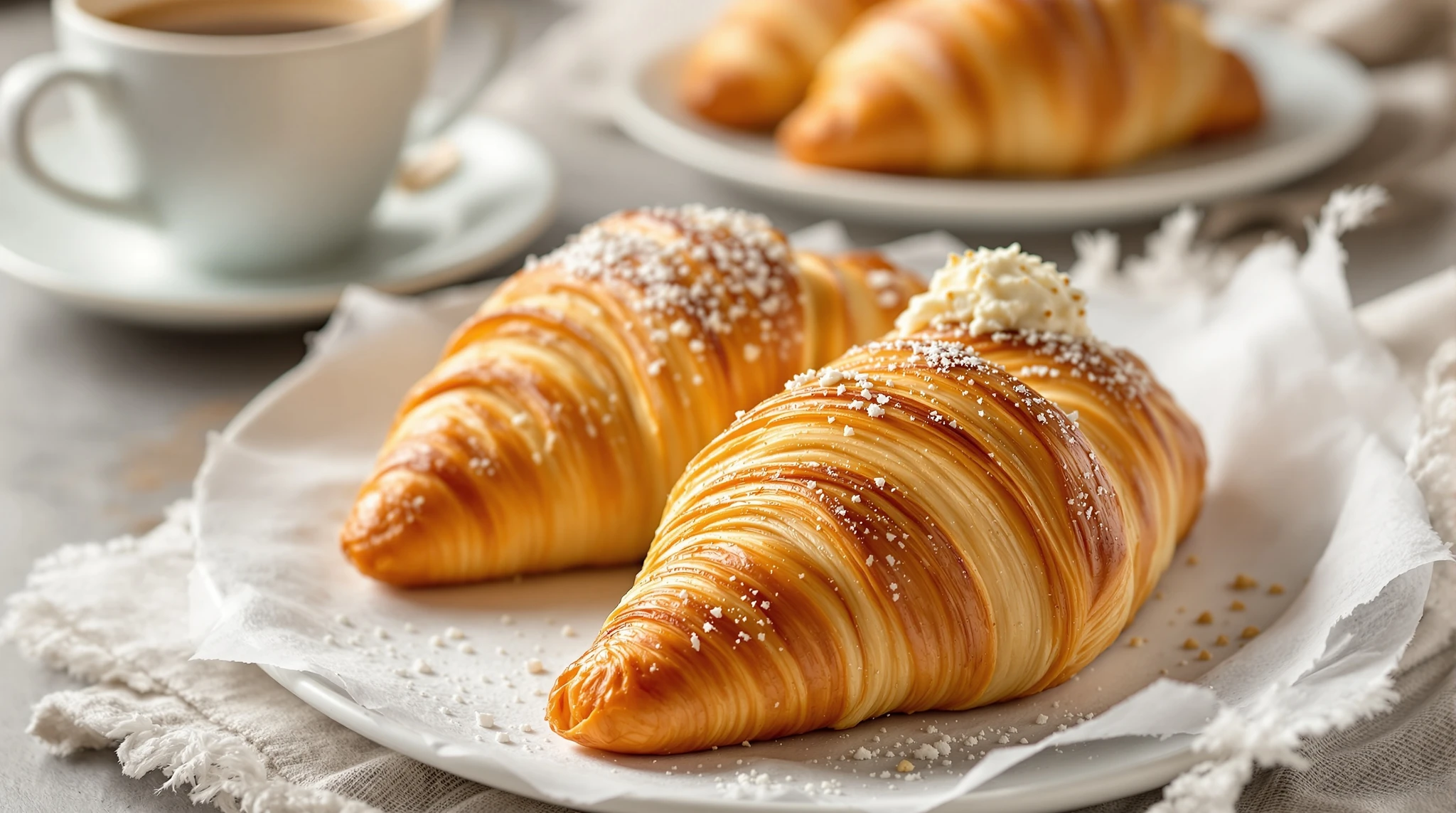 Croissant freschi con crema pasticcera e ricotta fresca, fotografati con luce naturale morbida accanto a una tazza di caffetteria.