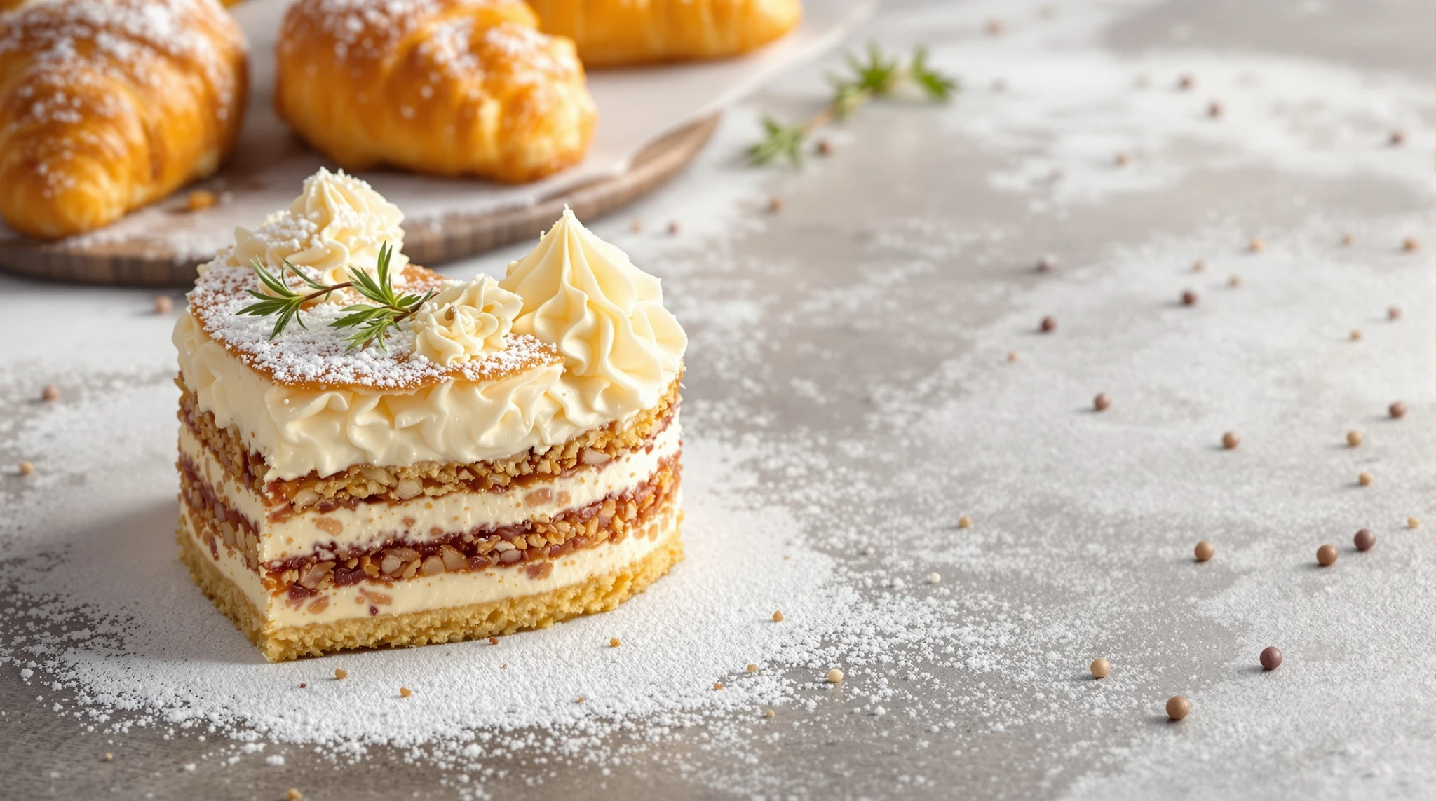Composizione ordinata di mignon di produzione propria, con dettagli di creme, sfoglie e finiture.